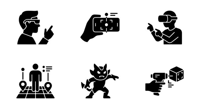 Virtual Reality Icons Set, Augmented Reality Graphics, Digital Technology Symbols, Future Gaming Elements