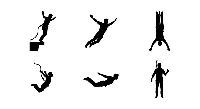 Bungee Jumping Silhouette Icons, Extreme Sports Vector Set, Adrenaline Activity Collection