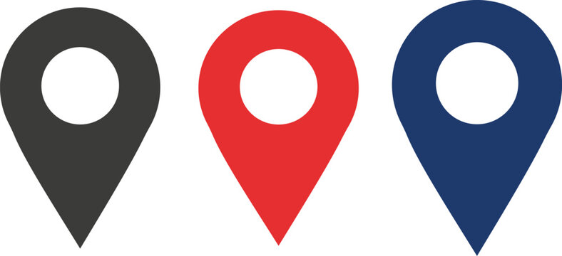 Three colorful location pin icons on a white background representing points of interest
