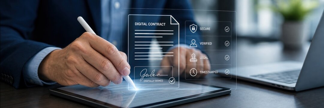 Signing digital contracts office environment business action professional perspective technology integration