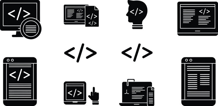 Coding icons set software development programming languages web design and digital technology illustrations