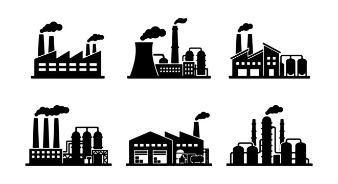 Industrial Factory Silhouettes, Manufacturing Plant Icons, Power Generation Buildings, Urban Industry Vector Set