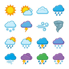 Fototapeta premium Colorful weather icons set with sun cloud rain and lightning
