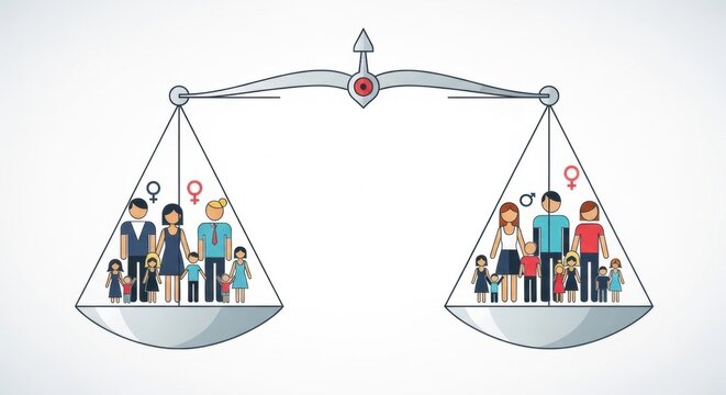 Gender balance illustrated with men and women on a weighing scale