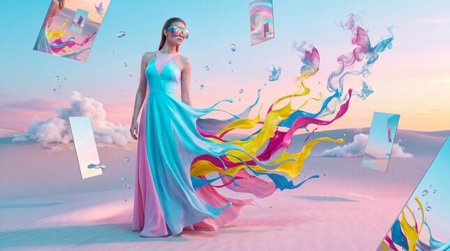 Surreal luxury fashion concept featuring a stylish woman whose flowing dress transforms into colorful liquid ribbons and smoke butterflies in a dreamlike pastel desert environment.