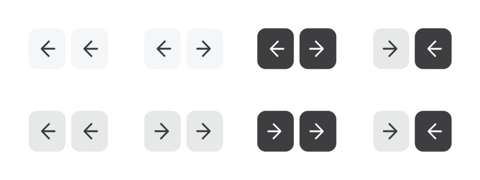 Set of eight square with arrows pointing left and right in light gray and dark gray left arrow right arrow