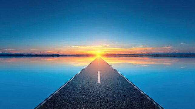 Endless asphalt pathway extends toward a brilliant sunset over a calm, reflective body of water