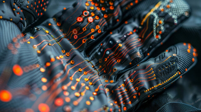 In closeup image we see the intricate wiring and circuitry of a pair of smart gloves. These gloves are able to track and monitor body temperature flow and muscle movements
