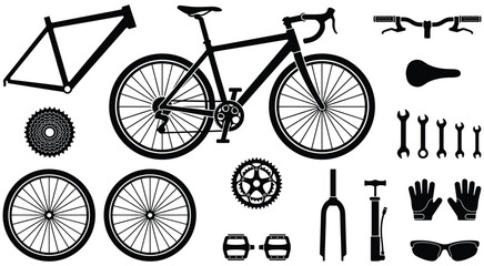 Fototapeta premium A collection of bicycle parts and components, including frame, wheels, gears, and tools.