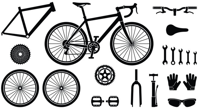A collection of bicycle parts and components, including frame, wheels, gears, and tools.