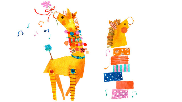 ボタンや模様で飾られた可愛い馬の北欧風水彩イラスト
Cute Scandinavian-style watercolor illustration of a decorated horse