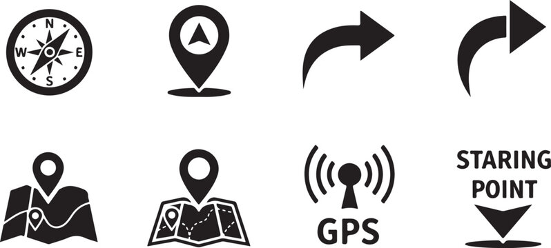 Navigation icons for travel and directions on a map with GPS technology tools