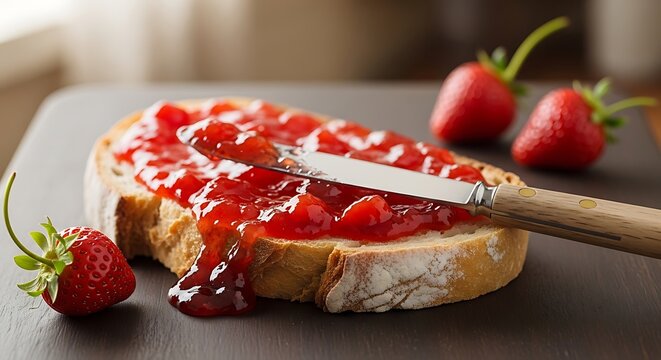Rustic Bread Slice Spread with Strawberry Jam on Dark Wooden Table