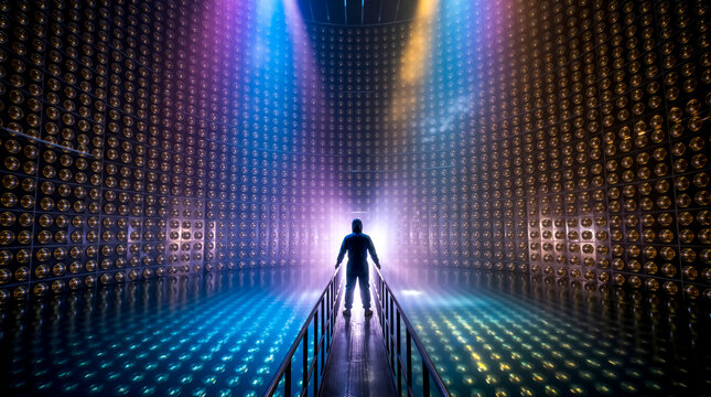 Scientist in protective suit standing inside a massive physics laboratory neutrino detector with glowing photomultiplier tubes