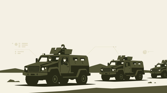 Military Armored Tactical Vehicle Convoy Vector Illustration with Soldier Operator