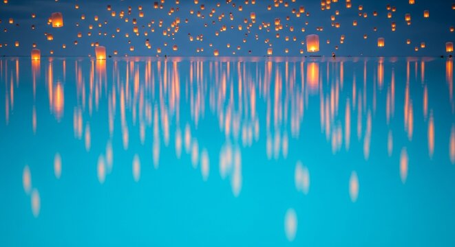 Many glowing sky lanterns flying in the dark night sky, with beautiful warm orange reflections on the calm blue water surface below
