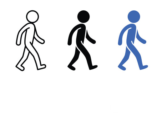 Three walking person outline solid black and blue walking person stick figure walking outline solid black blue human figure