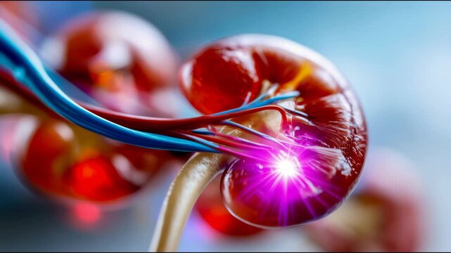 Detailed kidney anatomy cross section with glowing vessels, illustrating renal function, urinary health, and medical science