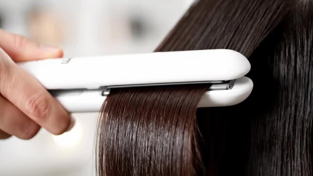 Close-up of a hairstylist straightening long brown hair with a flat iron. Professional hair styling in a beauty salon. Creating a smooth and shiny hairstyle