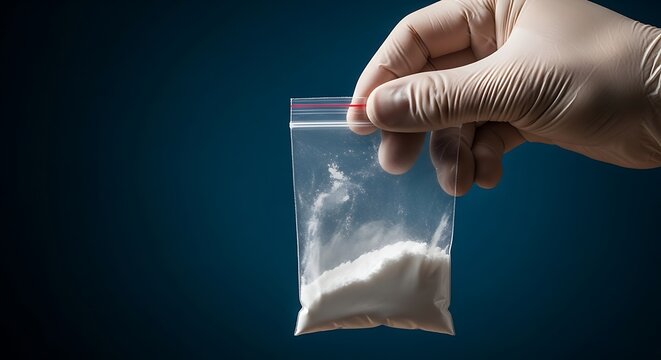 Gloved Hand Holding Small Plastic Bag of White Powder Against Dark Background