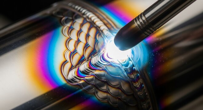 A close-up action shot of a TIG welding torch creating a precise weld on a metal pipe. A bright white electric arc glows intensely, showing the melting metal process with fish-scale patterns and color