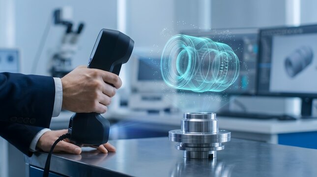 Man in suit scans metal object with 3d scanner in lab futuristic technology