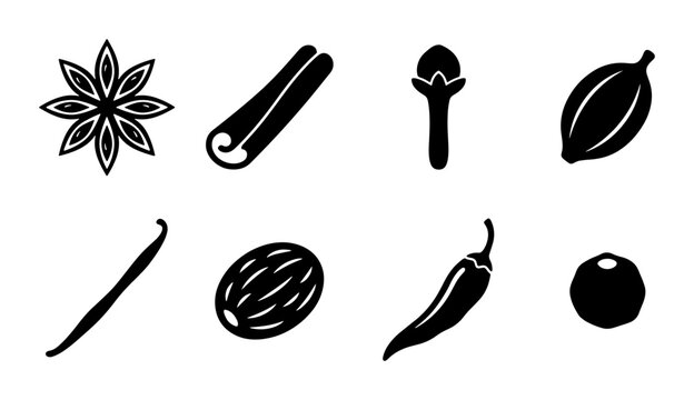 Spice Icons Collection: Star Anise, Cinnamon, Clove, Cardamom, Vanilla, Nutmeg, Chili Pepper, Peppercorn Vector Graphics for Culinary and Aromatic Themes