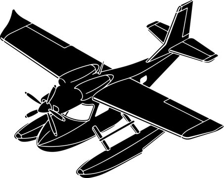Black and white seaplane, vector airplane illustration, floatplane graphic, aircraft icon