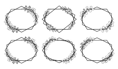 Modern geometric crystal floral frame vector set with fine line art eucalyptus and sharp hexagon border designs © Mdsahag