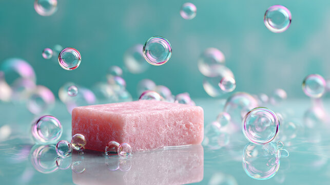 Pink soap bar surrounded by floating bubbles on reflective surface