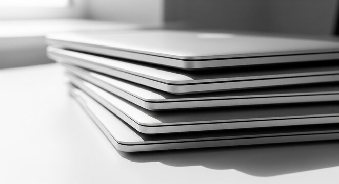 A close-up, black and white photograph of a neat stack of closed aluminum laptops on a desk near a window