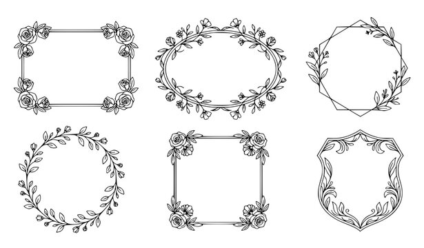 Minimalist elegant floral border frame vector set with intricate line art rose and botanical vine designs