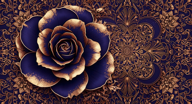 Beautiful purple and gold rose flower with intricate dark patterned background