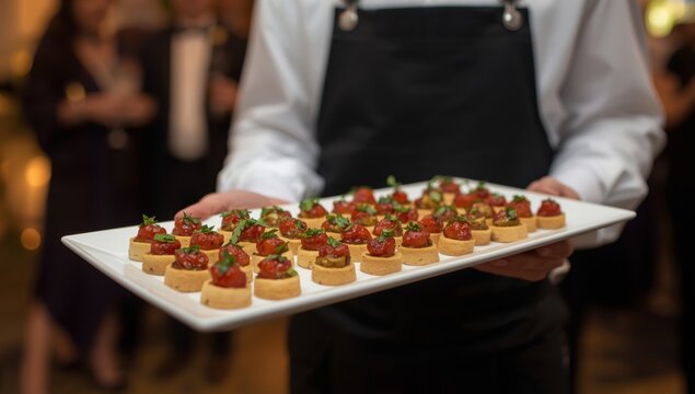 Waiter in a black apron holding a white rectangular platter with gourmet tomato appetizers at a formal event