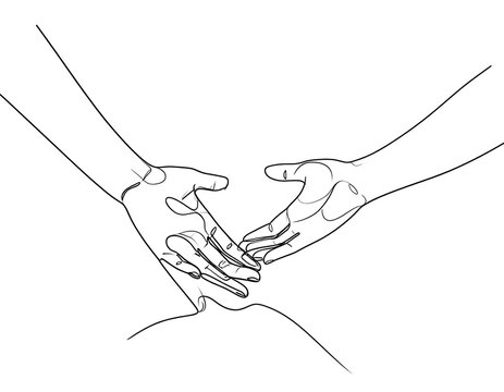 Two hands reaching out toward a surface, rendered in a simplistic line art style on a white background