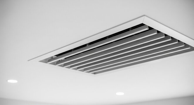 Black and white shot of a modern rectangular ventilation grille or AC vent integrated into a clean white ceiling with spotlights