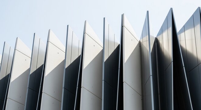 Close-up of a modern building facade with vertical sharp triangular metal plates creating strong shadows and geometric lines against a clear sky.