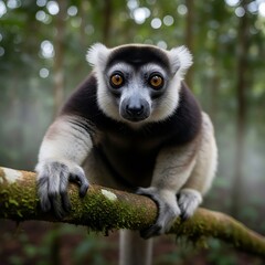Fototapeta premium Alert Black and White Lemur Perched on Mossy Branch in Misty Forest