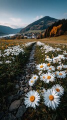 Fototapeta premium Daisy Meadow Path Leading to Mountain Village in Autumn.