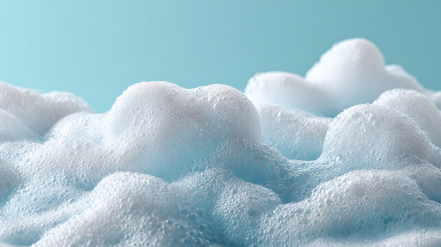 Soap foam forming bubbly surface on blue studio background