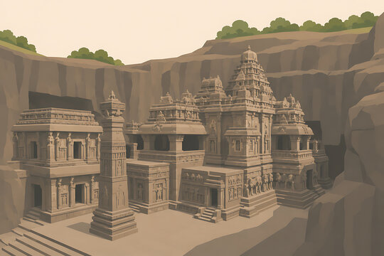 Minimal vector depiction of Ellora Caves Kailasa Temple