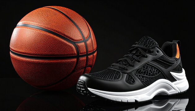 Basketball and athletic shoe on a reflective black surface studio shot