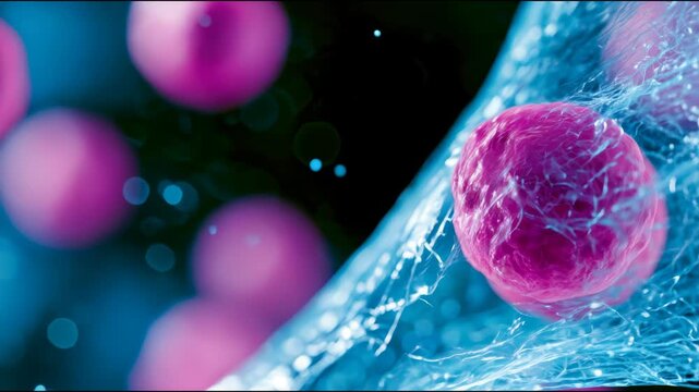 Glowing microscopic biological tissue with pink cells and translucent membranes, illustrating cellular research, biotechnology, and medical science