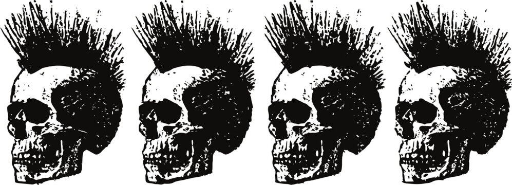 Four punk skulls with mohawk hairstyles in black and white silhouette