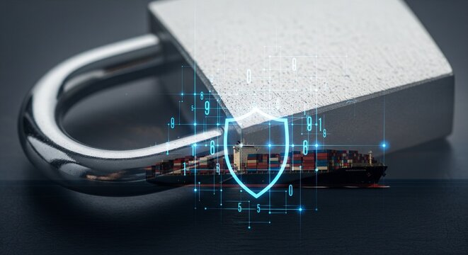 A close-up of a heavy silver metal padlock lying flat, with a glowing blue digital shield icon and abstract binary code overlaying a faint silhouette of a container ship underneath.