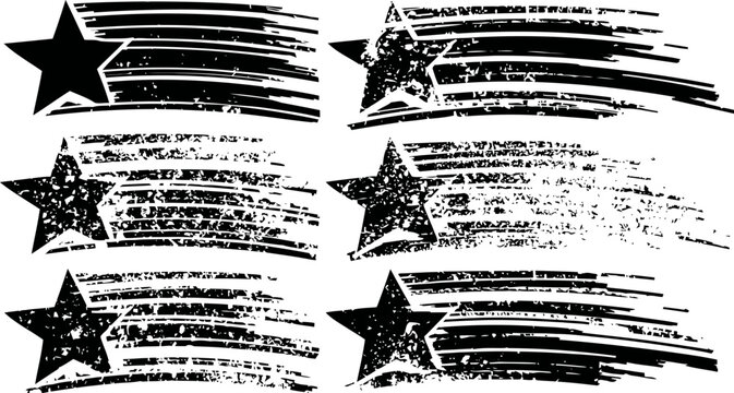 set of six distressed black stars with horizontal streaks grunge vintage star streak illustrations