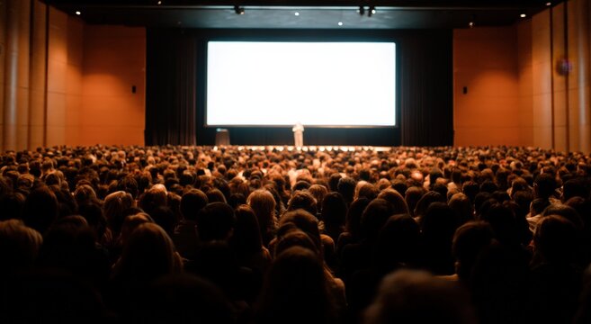 Engaging Speaker Presenting to Large Audience in Modern Auditorium with Projector Screen and Enthusiastic Attendees