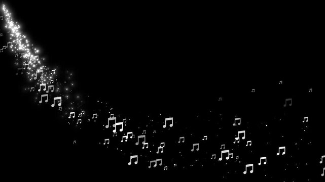 Glowing Musical Notes Flying in a Curved Wave Trail Overlay. Abstract Floating Music Notes and Symbols Moving on a Curved Path Loop.