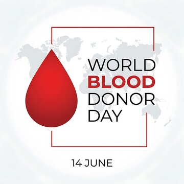 World Blood Donor Day concept with a red drop and map graphic for June 14 awareness