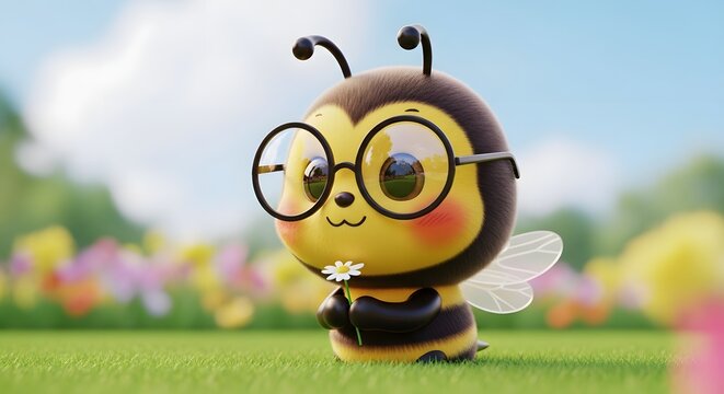 Little 3D bee character with glasses holding a white daisy flower. Kindness and environment protection. Tiny bumblebee standing in a sunny meadow garden